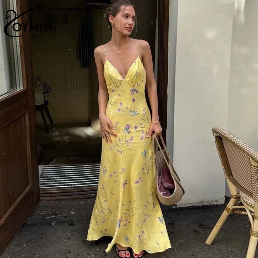 Oymimi Casual Yellow Print Women's Dress Elegant Spaghetti Strap Open Back Dresses Autumn Fashion High Waist Ankle-Length Dress