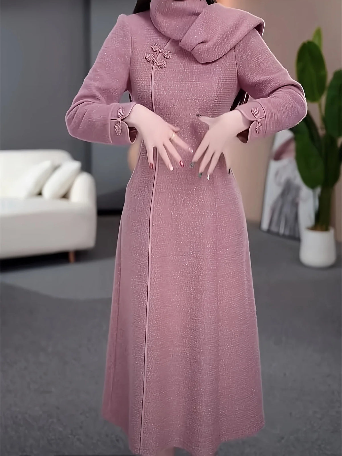 Women's Pink Cheongsam Style Woolen Dress Long Sleeve High Neck Elegant Winter Maxi Dress