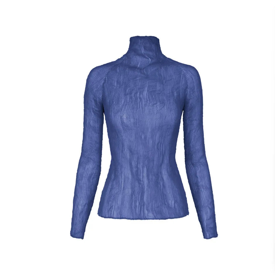 LANMREM Turtleneck Long Sleeve Pleated Women's T-shirt High Elastic Slimming Fashion Semitransparent Pullover Tops 2DB6192