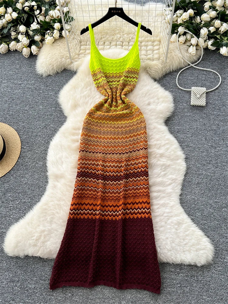 SINGREINY Korean Chic Beachwear Dress Spaghetti Strap Sleeveless Gradient Design 2025 Summer Women Vacation Knitting Long Dress