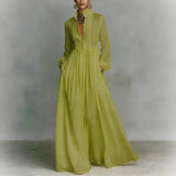 Spring Elegant Pocket Maxi Shirt Dress Women Long Sleeve Button-Down Flowy A-Line Dress Summer Beach Vacation Boho Party Dresses