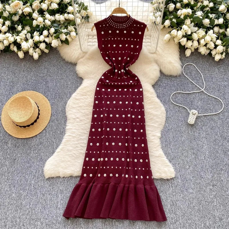 Diamonds Vestidos Spring Summer Dress V-neck Sleeveless Dresses High Waist Fishtail Knit Vestido 2026 New O-neck Ropa Mujer