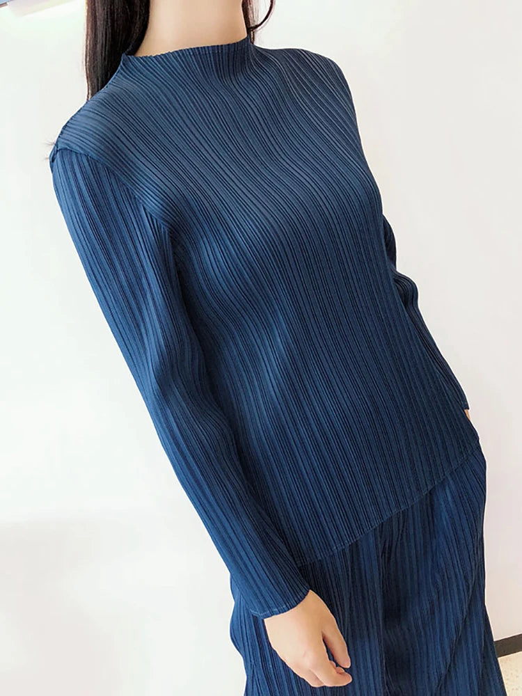 Miyake Pleated Classic Long Sleeved Tops Women Spring Autumn Elegant Causal T-shirt