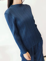Miyake Pleated Classic Long Sleeved Tops Women Spring Autumn Elegant Causal T-shirt