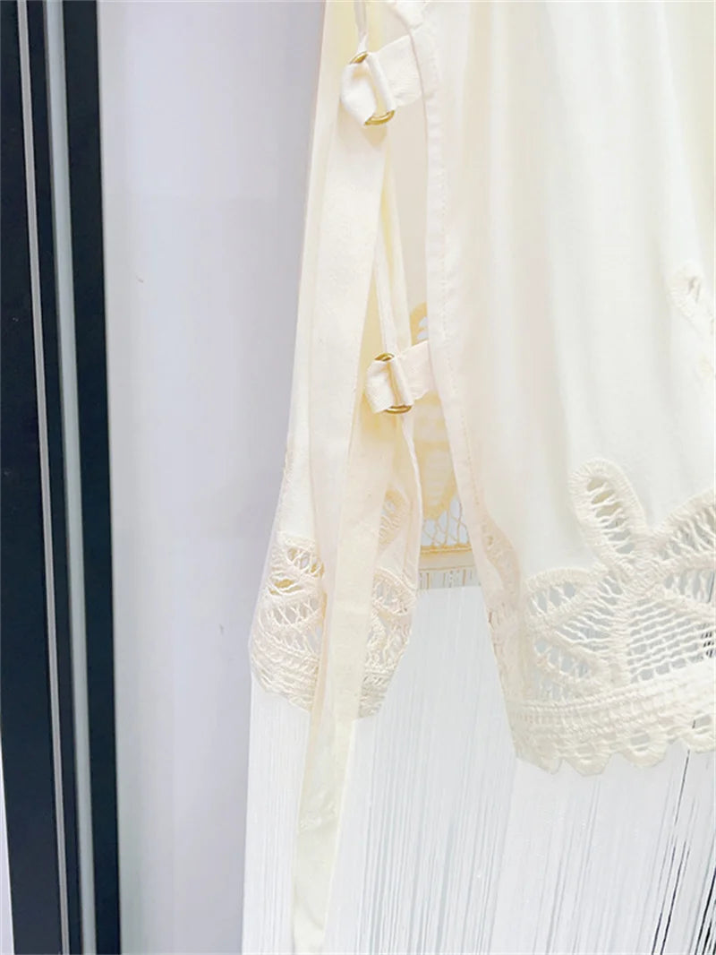 Summer 2026 Women Back Open Buttons Tshirt Tassel Hem Sleeveless Hollow Out Side Strap Stand Collar Ladies 2 Colors Tops