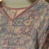 Johnature Women Vintage Ramie Print Floral T-Shirts Loose V-Neck Seven Sleeve Tees 2025 Summer New Thin Women T-Shirts