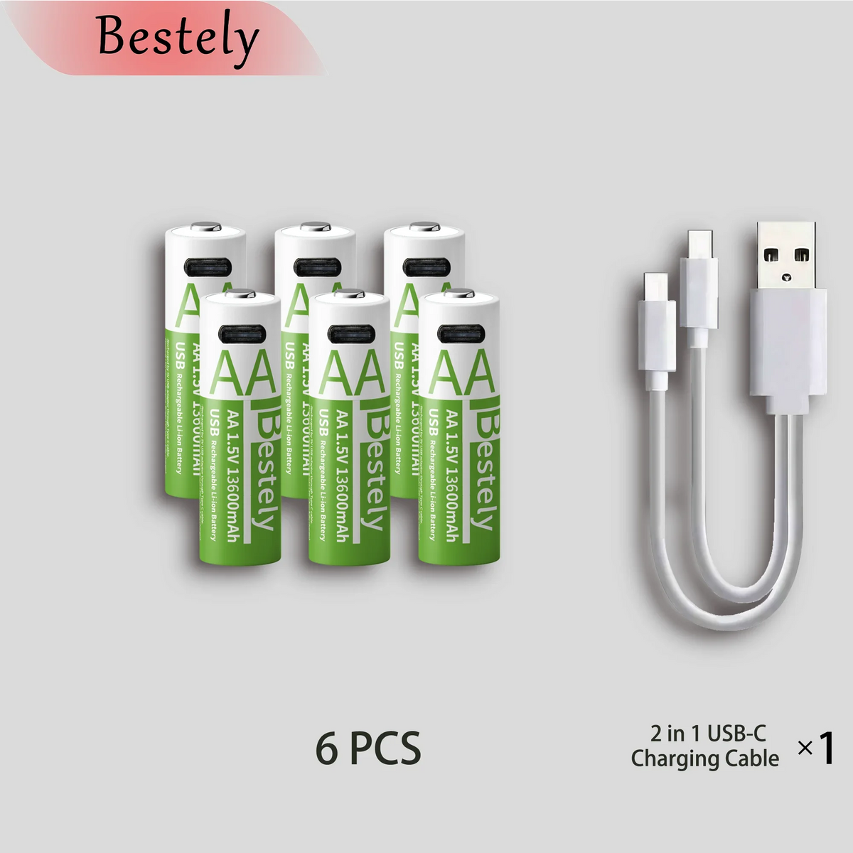 Bestely AA Rechargeable Lithium Battery 1.5V 13600mAh Fast Charging Long Lasting Li-ion Batteries 2000 Cycle with USB- C Cables