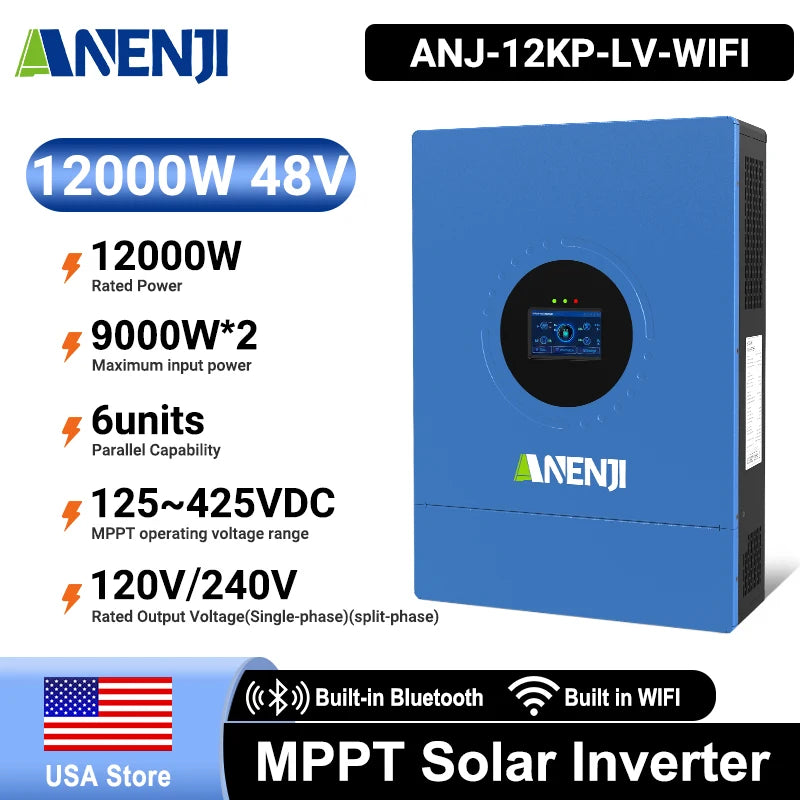 ANENJI Split Phase 12KW 48V Hybrid Solar Inverter 120/240VAC Pure Sine Wave Parallel Inverter built-in 2 MPPT 200A Solar Charger