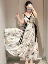 Kuzuwata Luxury Elegant V Neck Sling Dress Print Slim Vest Big Swing Lace Up Ruched Panelled Robe Japan French Exquisite Mujer