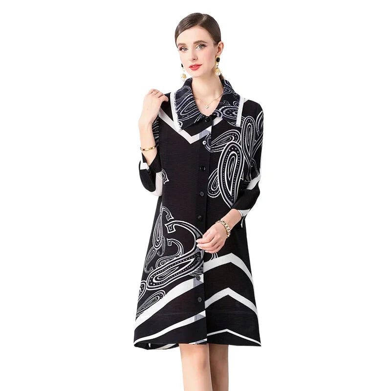 Miyake Pleated Dress Summer Fashion Loose Fit Long Sleeve Elegant Mid-Length Ideal for Covering Up and Relaxing Wear 2024