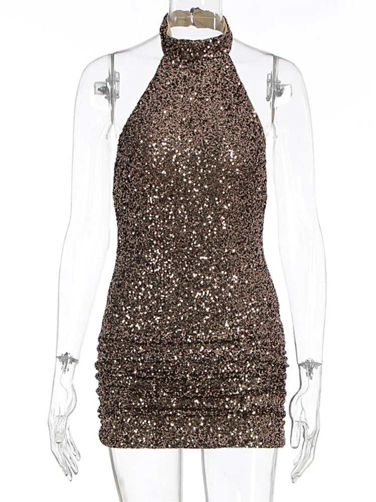 Blifanbo Summer Sequin Backless Mini Dress Women Gown Halter Off-shoulder Sleeveless Bodycon Fashion Club Party Dress Female