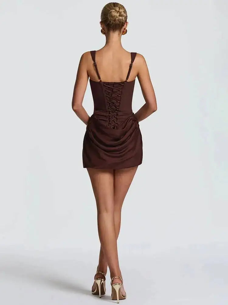 Mozision Backless Ruched Sexy Mini Dress Women Elegant Tapered Straps Square Collar Sleeveless High Waist Club Party Dress