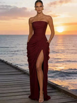 Mozision Chiffon Off-shoulder Strapless Sexy Maxi Dress Women Elegant Sleeveless Backless High Split Ruched Club Party Dress
