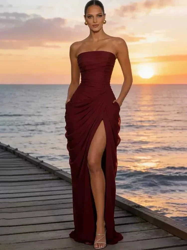 Mozision Chiffon Off-shoulder Strapless Sexy Maxi Dress Women Elegant Sleeveless Backless High Split Ruched Club Party Dress