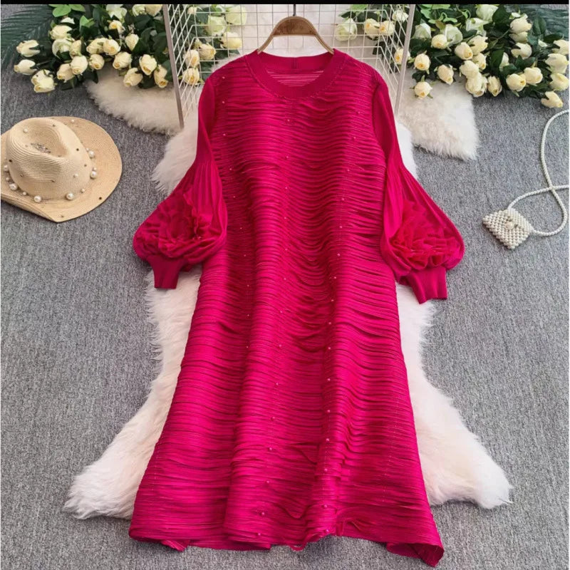Mizhai Nail Beads Hollow Fringed Disc Pleats High-end Loose Round Neck Heavy Industry Lantern Sleeves Long Dress Women's New