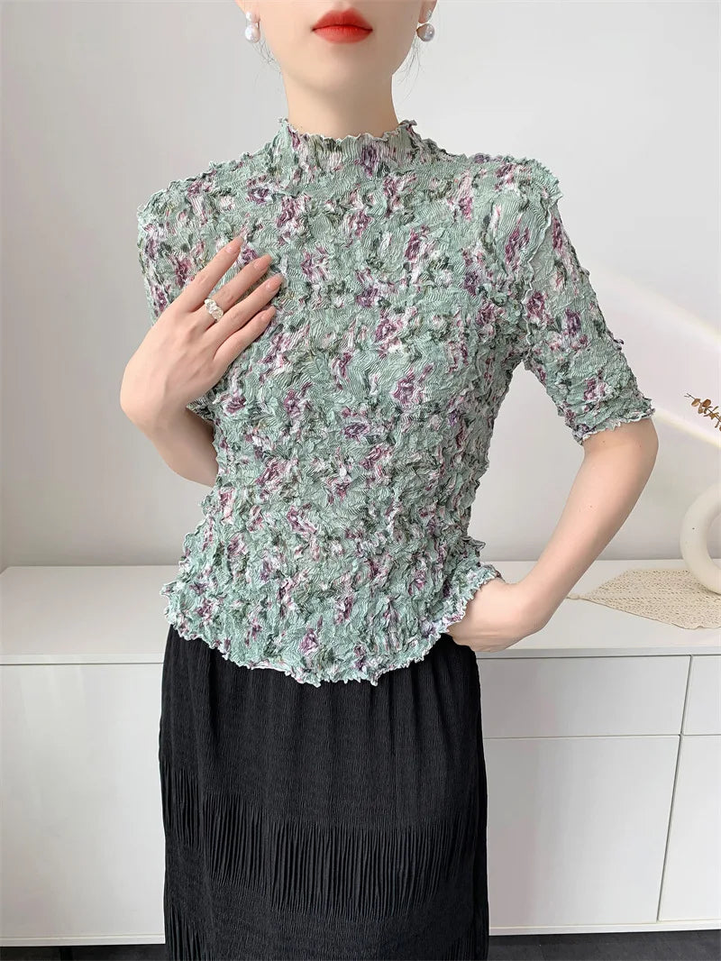 Printed Summer Pleated Top Comfortable Casual Split Loose T-Shirt Round Neck Short Sleeve Stretchy Tight Office Women's