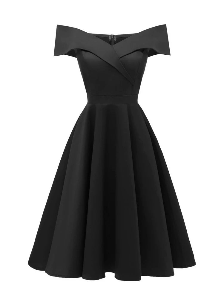 Tonval Vintage Off the Shoulder Party Sexy Evening Birthday Dresses Prom Elegant Women Fit and Flare Cotton Dress
