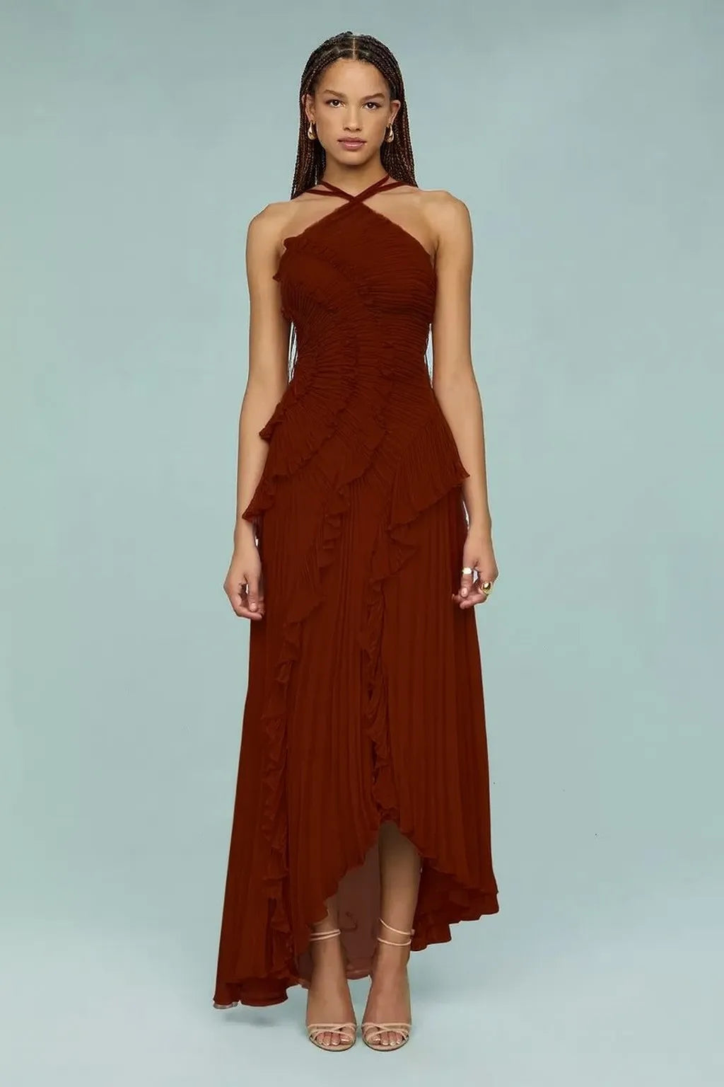 QMQA Fashion Women's Ruched Halter Strapless Backless Dresses Folds Irregular Spliced Ruffles Solid Elegant Dress 2026 New M1032