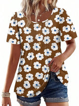 Womens Casual Short Sleeve Top With Snowflake Print Front Button Pleated Design