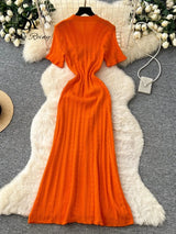 SINGREINY Summer Striped Knitted Long Dress Fashion Office Lady Split Beach Sundress High Quality Luxury Wedding Guest Dress