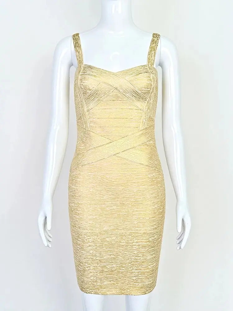 BEAUKEY Gold Silver Bandage Metallized Dress Summer Luxury Spaghetti Strap Women Party Mini Sexy Maxi Luxury Ladies Dress XL
