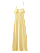 Yellow Satin Sling Dress Women Elegant V Neck Sleeveless Backless High Waist Maxi Dresses 2025 Summer Lady Party Evening Robes