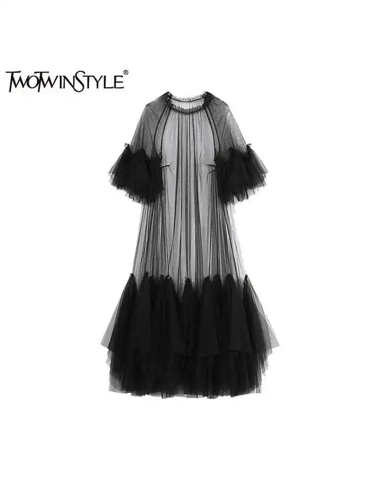 TWOTWINSTYLE Solid Spliced Mesh Chic Dress For Women Round Neck Short Sleeve Loose Minimalist Long Dresses Female Fashion Style