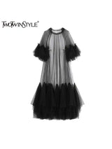 TWOTWINSTYLE Solid Spliced Mesh Chic Dress For Women Round Neck Short Sleeve Loose Minimalist Long Dresses Female Fashion Style
