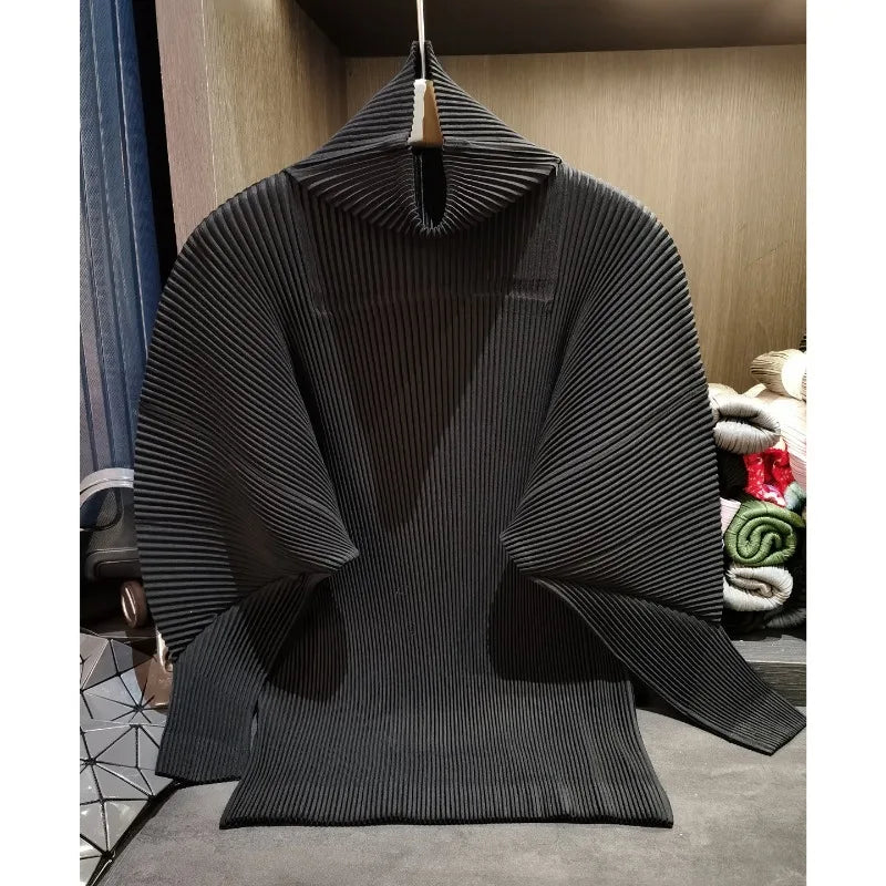 Miyake Casual Stand-up Collar Pullover Sweater Autumn and Winter New Solid Color Loose Pleated Long-sleeved Jacket Women