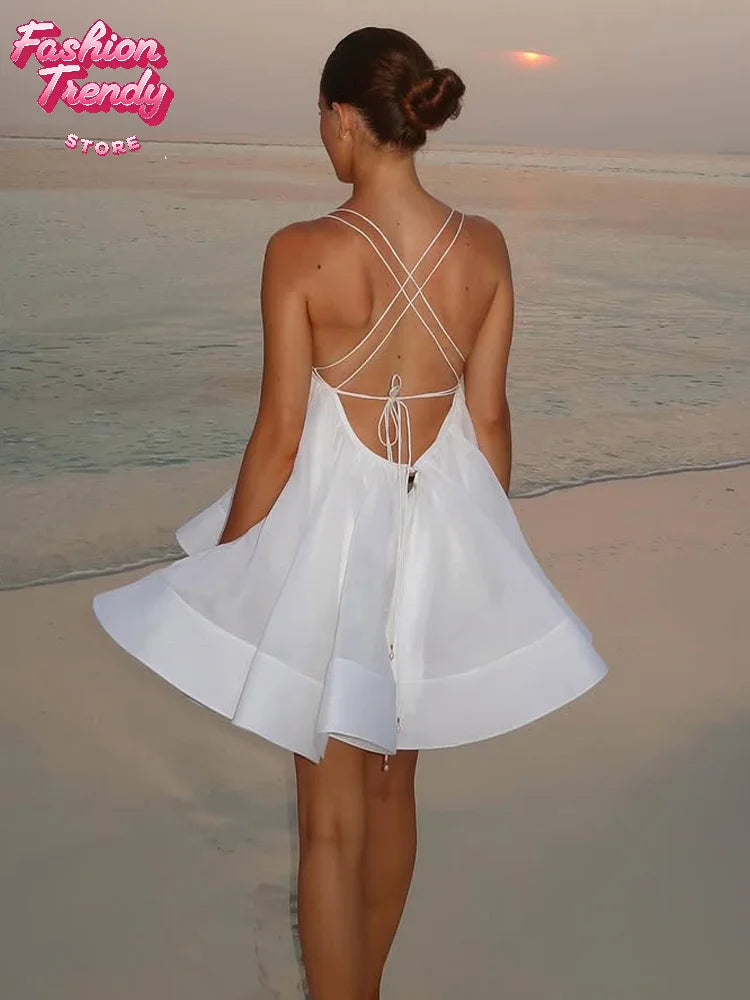 Chic Sleeveless Halter Neck Mini Dress Women Backless Off-Shoulder Puff Mini A-line Dresses 2026 Lady Vacation Beach Vestidos