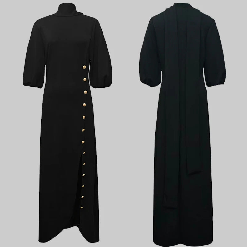 Modigirl Wedding Prom Evening Gown Party Slit Maxi Dresses for Woman 2025 New Lace Up Gold Button Womens Black Autumn Long Dress