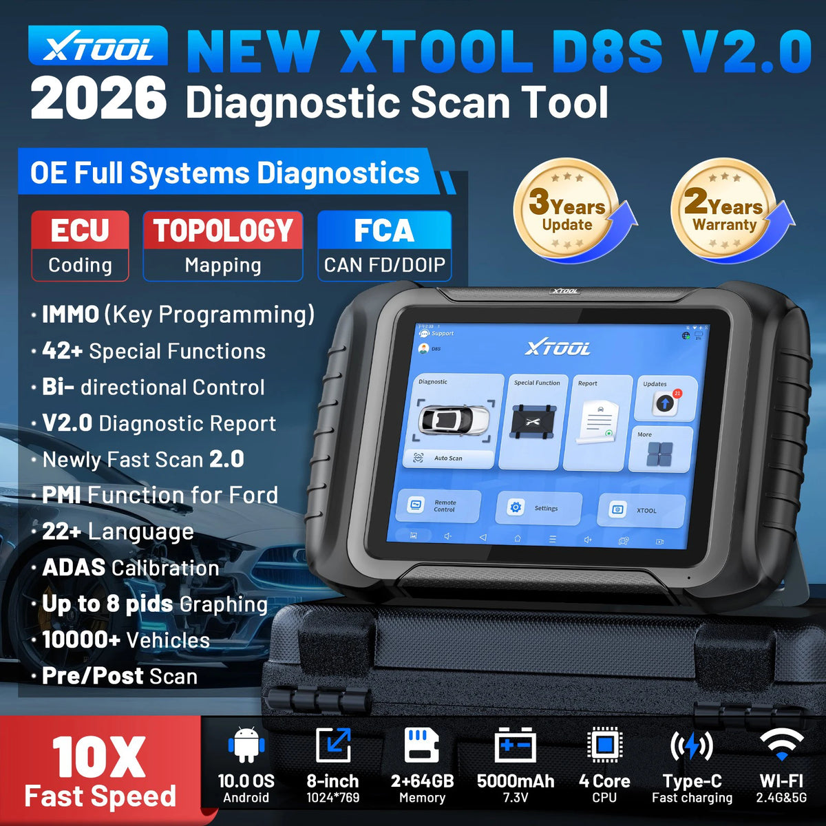 XTOOL D8S V2.0 Automotive Scanner ECU Coding Bidirectional Auto OBD OBD2 Scanner All System Car Diagnostic Tools CAN FD DoIP FCA
