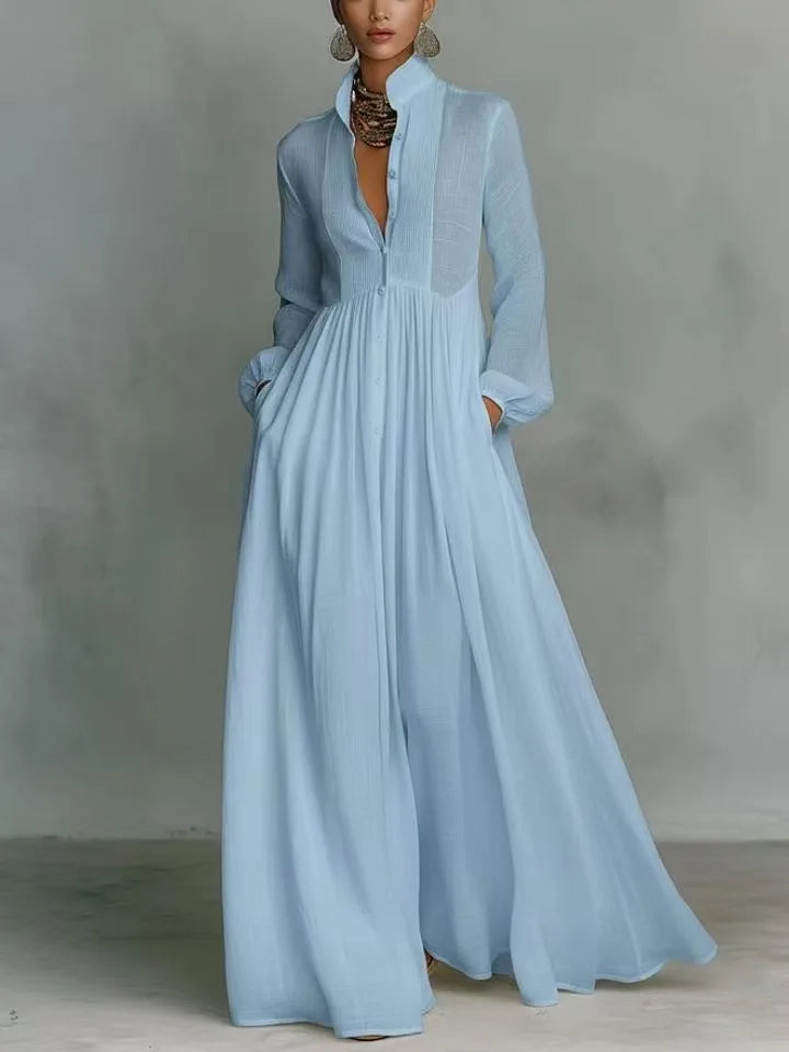 Women's Elegant Single Breasted Long Dress 2026 French High Waist Solid Pockets Pleated Maxi Evening Dress