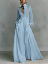 Women's Elegant Single Breasted Long Dress 2026 French High Waist Solid Pockets Pleated Maxi Evening Dress