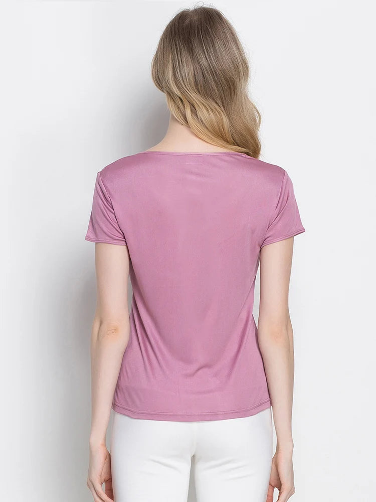 SuyaDream Woman Silk T Shirt Knitted Real Silk Short Sleeved O Neck Solid Basic Tee Simple Summer Top Black White