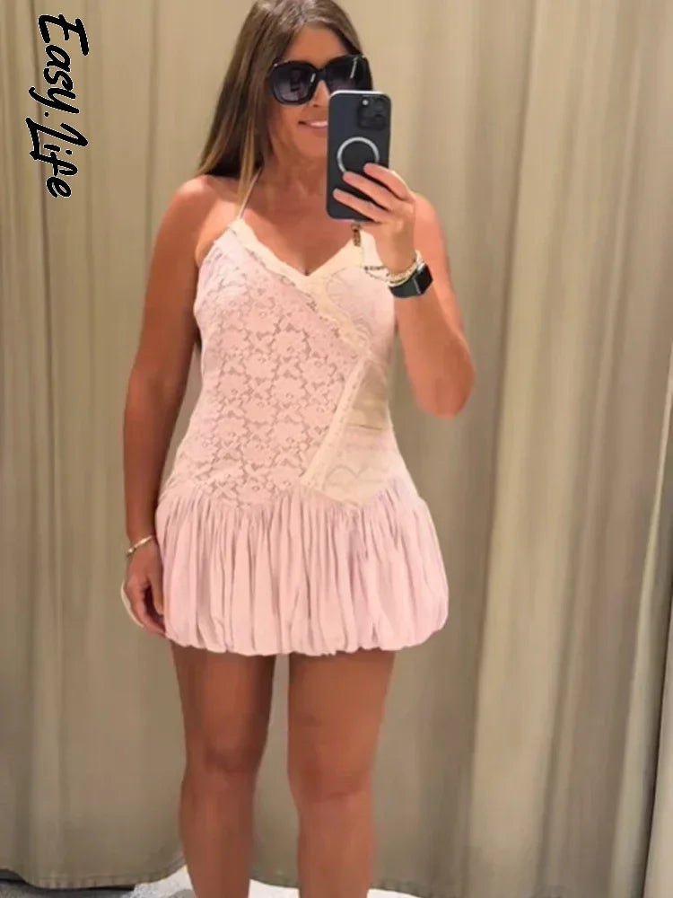 Pink Color Block Lace Spaghetti Strap Mini Dress Women Sweet Deep V Sleeveless Bubble Hem Dresses Lady Daily Dating Casual Gown