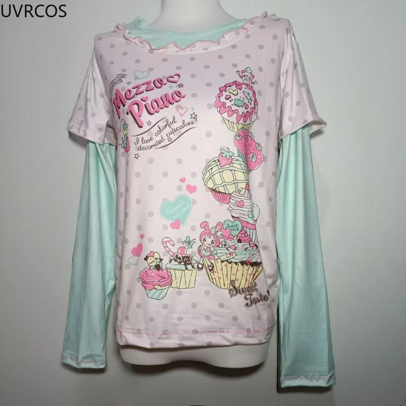 Sweet Kawaii Cartoon Polka Dot Print Women T-shirt Loose Casual Contrast Color Cute Graphic Tee Tops Japan Y2k Aesthetic Tshirts