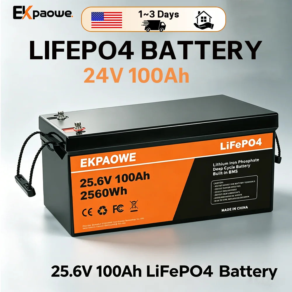 EKPAOWE 24V 25.6V 100AH LiFePO4 Battery 6000+ Deep Cycles Rechargeable Lithium Battery Pack up to 48V 51.2V 400Ah Low-Temp Protection For Fishing, Portable Power Station, Golf Cart, Boat, Camper, Marine, Trolling Motor, Off-Grid, Solar Energy Storage