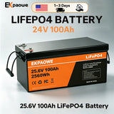 EKPAOWE 24V 25.6V 100AH LiFePO4 Battery 6000+ Deep Cycles Rechargeable Lithium Battery Pack up to 48V 51.2V 400Ah Low-Temp Protection For Fishing, Portable Power Station, Golf Cart, Boat, Camper, Marine, Trolling Motor, Off-Grid, Solar Energy Storage