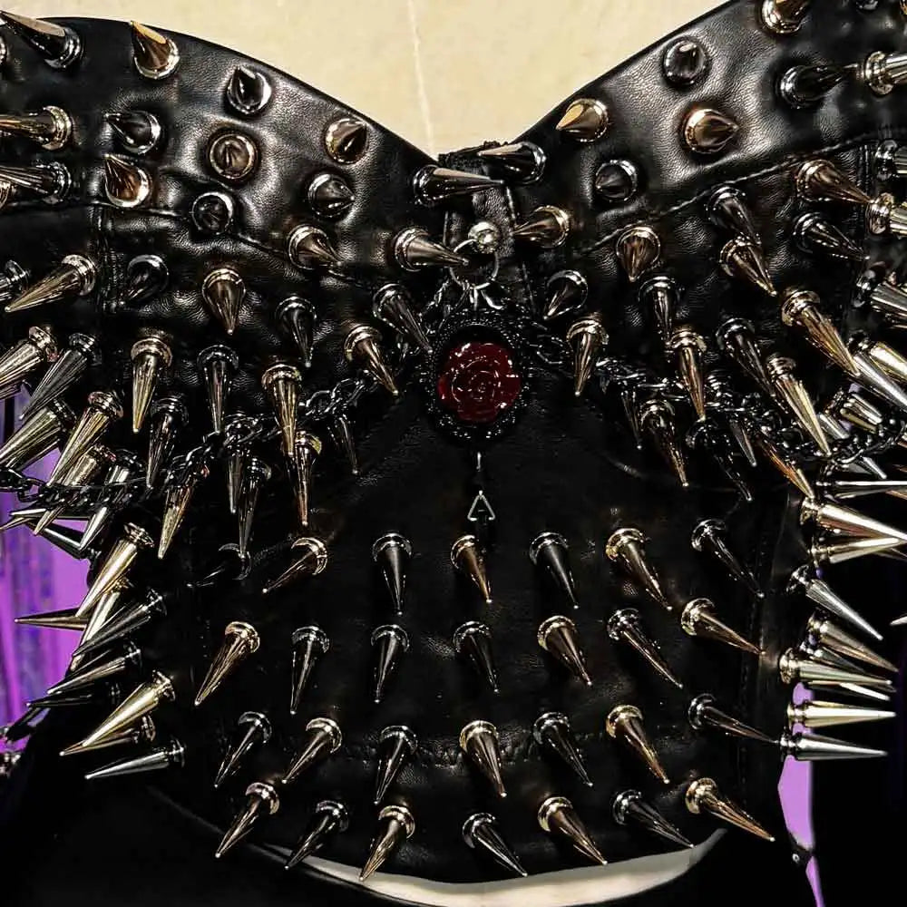 Women's Y2K Gothic Black PU Leather T-shirt Spiked Boho Emo Punk Rock Grunge Rave Festival Tops Bra with Spikes for Teens