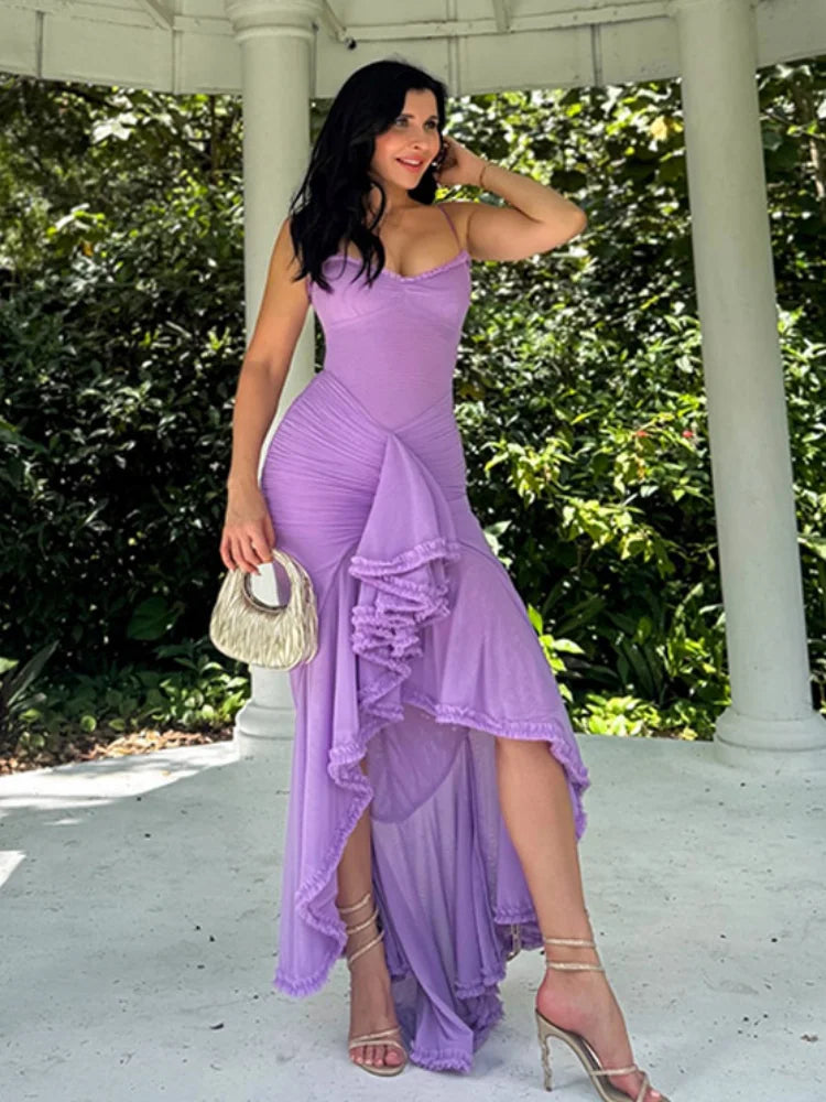 Wemon Low Neck Slim Sleeveless Elegant Vestidos Retro Solid Flounce Split Long Dresses New Summer Evening Party Lady Chic Robes
