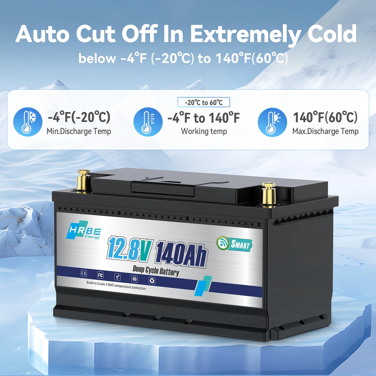 HRBEEnergy 12V 140AH LiFePO4 Lithium Battery Pack Bluetooth 100A BMS For Off-Grid Trolling Motor Campers Home Energy Storage
