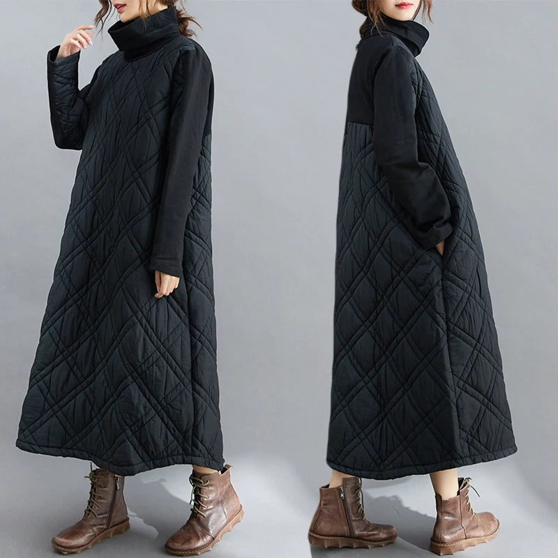 Autumn Winter plus Size Loose Slimming Color Cotton Thiened Warm Splicing Long Dr Faionable High Collar Dr