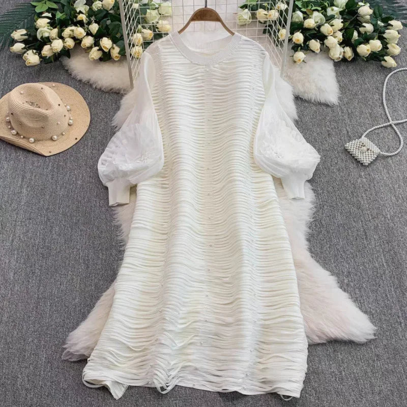 Mizhai Nail Beads Hollow Fringed Disc Pleats High-end Loose Round Neck Heavy Industry Lantern Sleeves Long Dress Women's New