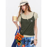 ELFSACK Women's Fake Two-Piece T-Shirt with Embroidered Cami Overlay, Tie Side Short Sleeve Top, Casual Slim Fit Tee for Streetw