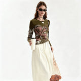 Spanish original single women's T-shirt elastic slim fit embroidered printed long sleeved new top