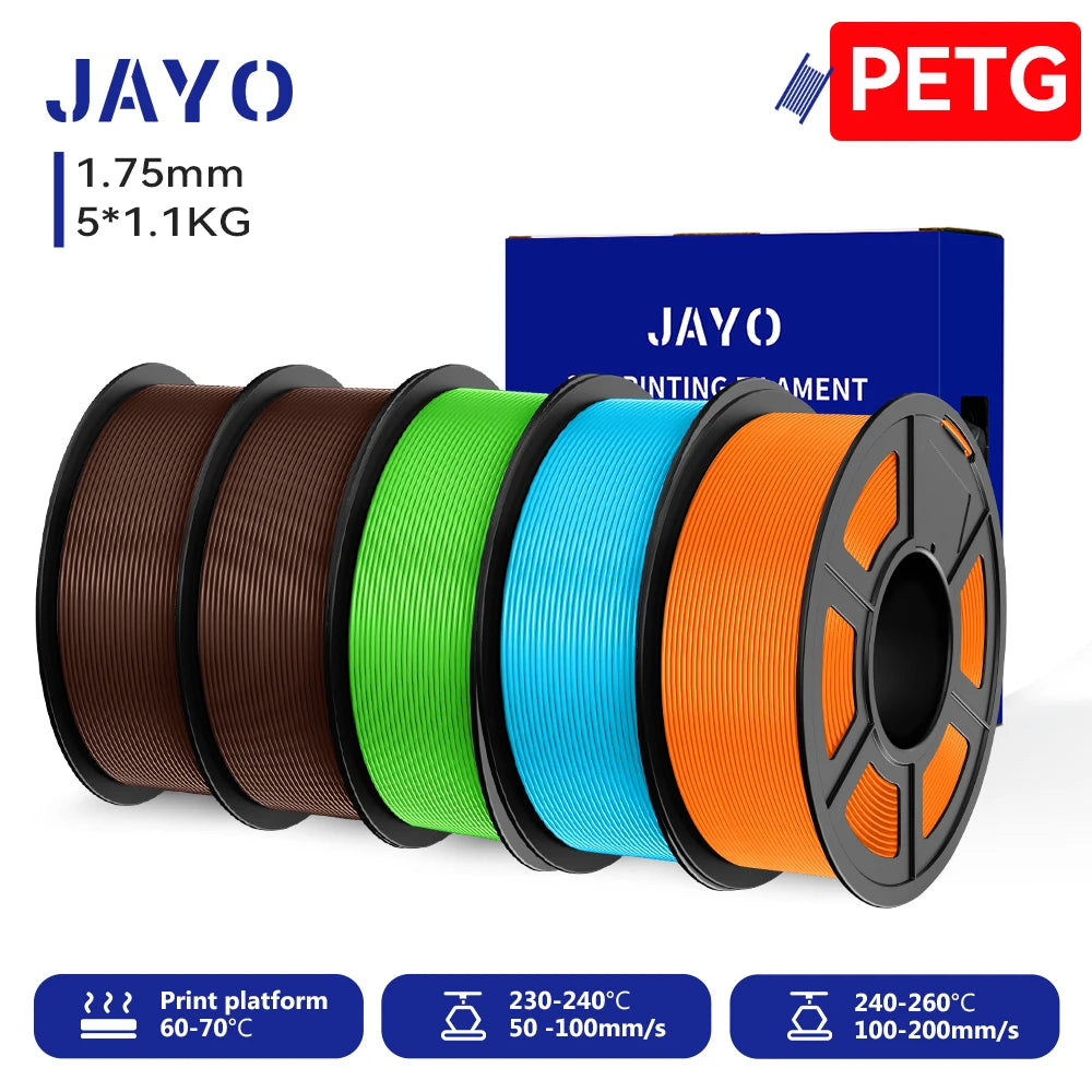 JAYO 3D PETG/PLA/PLA PLUS Filament 1.75mm PLA Filament 5 Rolls For Bambu FDM 3D Printer Neatly Wound 3D Printing Material for 3d