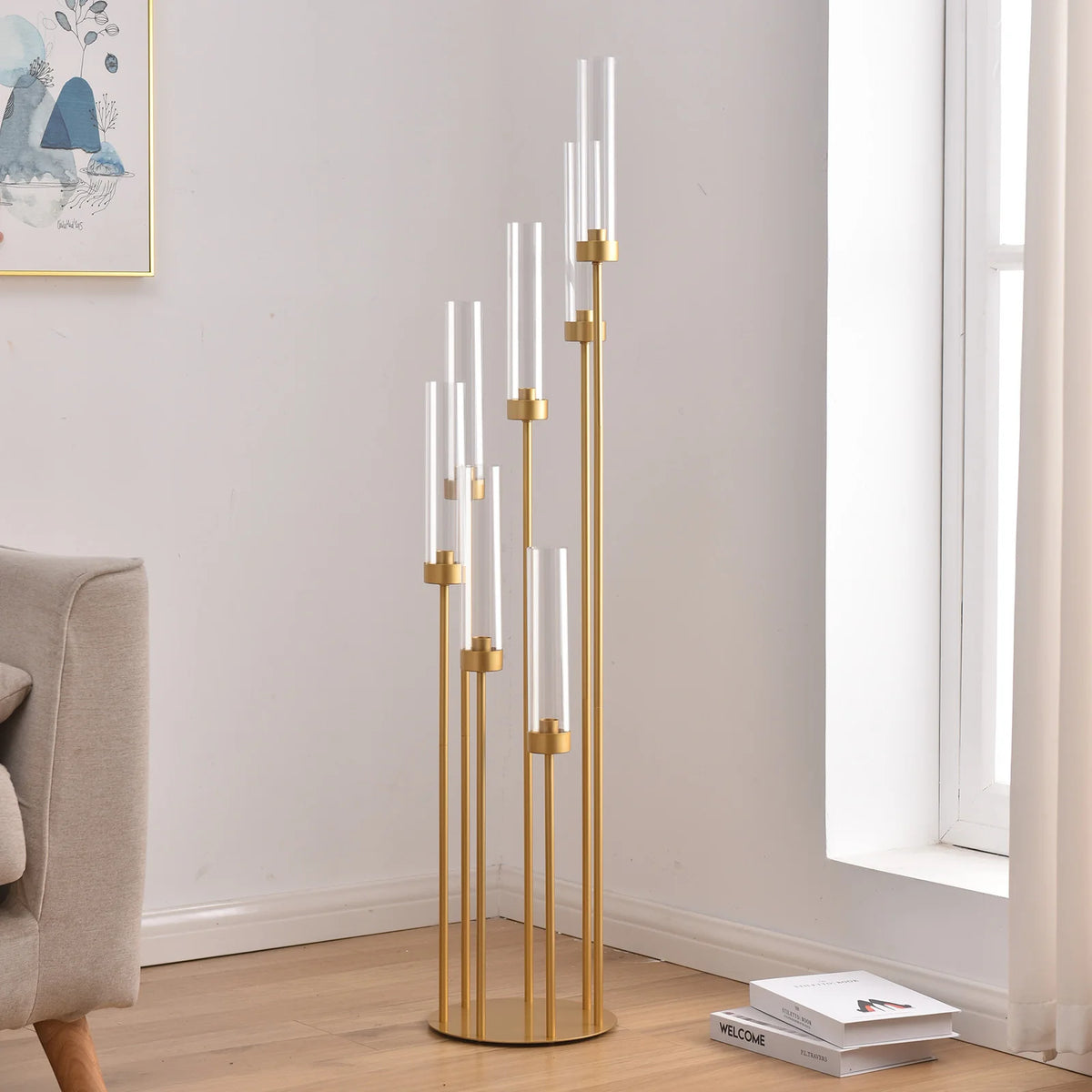 4 Sets 7-Arm Gold Floor Candelabra 48 in Tall Wedding Centerpieces Metal Candle Holder with Removable Acrylic Lampshade