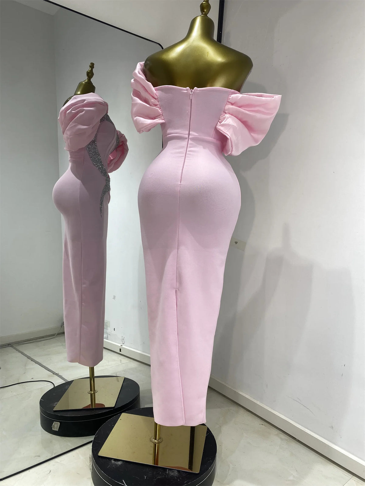 Pink Off Shoulder Satin Bandage Patchwork Evening Dress Silver Glitter Rhinestone Corset Formal Party Gown Guest Look Wholesale