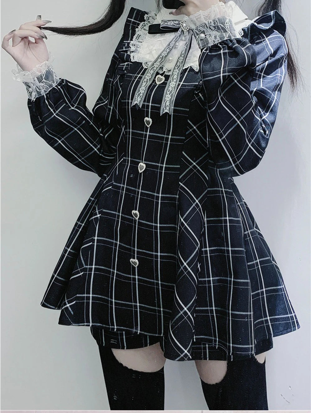 Womens Lolita Kawaii Sweet Lace Patchwork Plaid Dress Fairy Grunge Ruffled Long Sleeve Dresses Y2k Aesthetic Lolita Vestidos